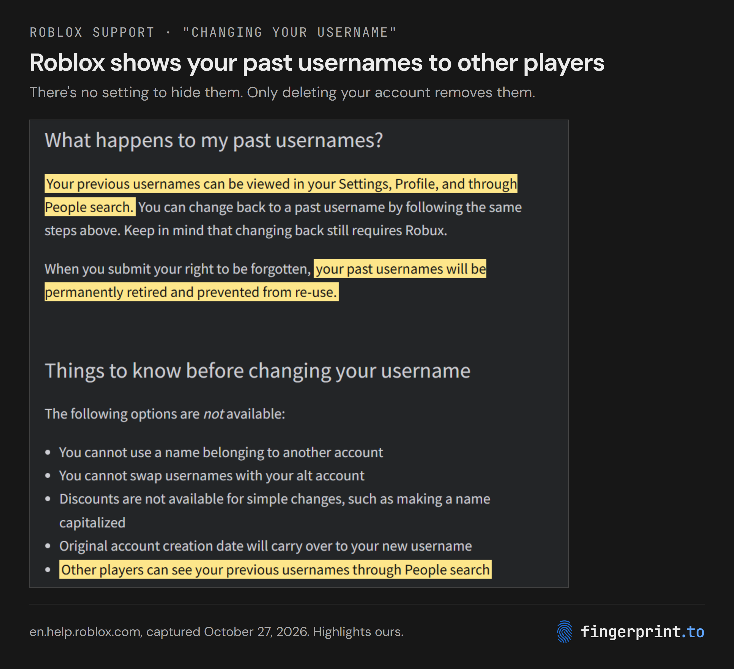 Roblox's help page, highlighted: "Your previous usernames can be viewed in your Settings, Profile, and through People search," and "Other players can see your previous usernames through People search." It also says that after a right to be forgotten request, past usernames are permanently retired.