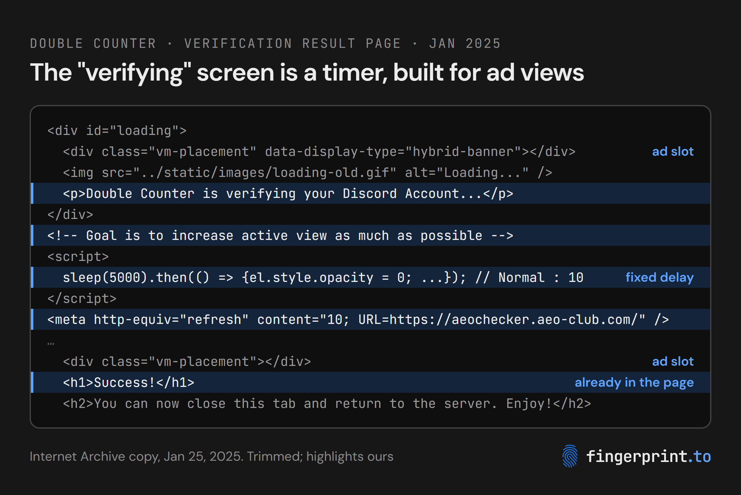 Source code of Double Counter's verification result page, January 2025: ad placements around a "Double Counter is verifying your Discord Account..." loader, the comment "Goal is to increase active view as much as possible", a timer, a redirect to another Tellter product, and the "Success!" message already in the page