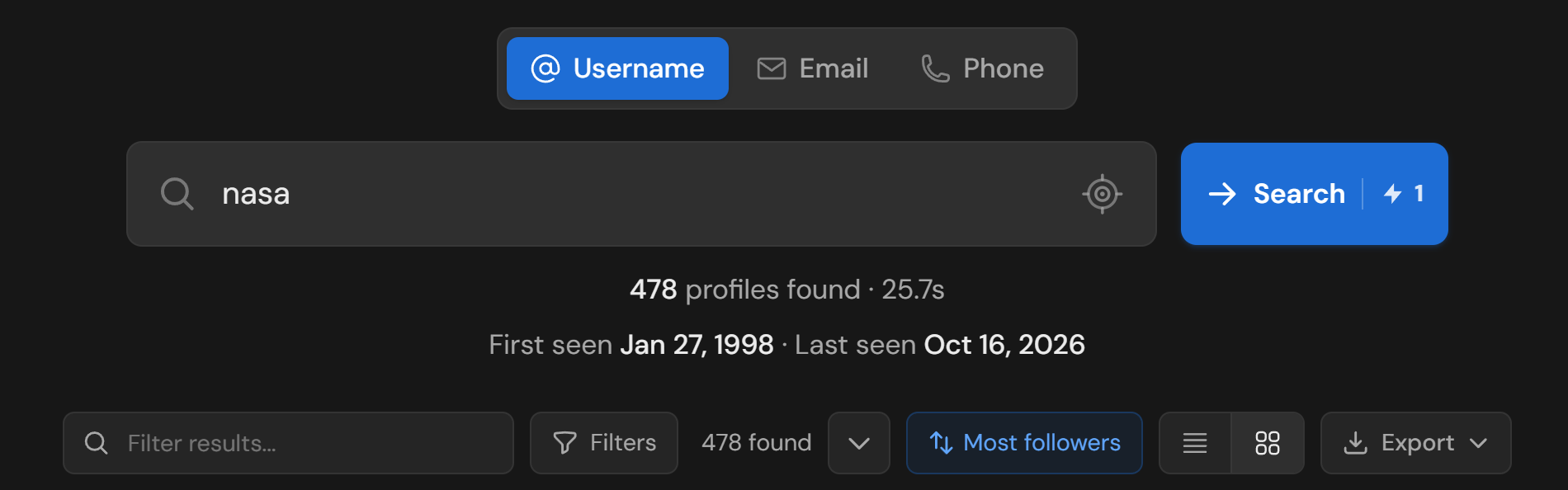 A finished username search on Fingerprint.to: 478 profiles found in 25.7 seconds, first seen January 1998, last seen October 2026
