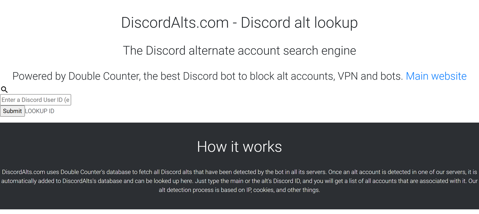 DiscordAlts.com in 2021: "The Discord alternate account search engine. Powered by Double Counter", a box to look up an ID, and a "How it works" section
