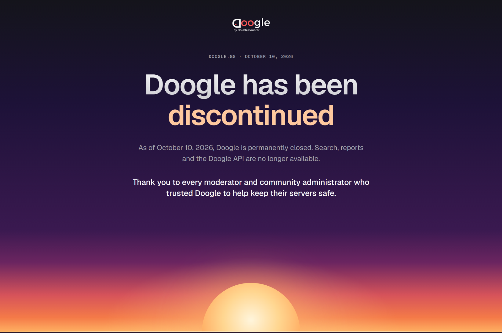 Doogle's shutdown page: "Doogle has been discontinued. As of October 10, 2026, Doogle is permanently closed. Search, reports and the Doogle API are no longer available."