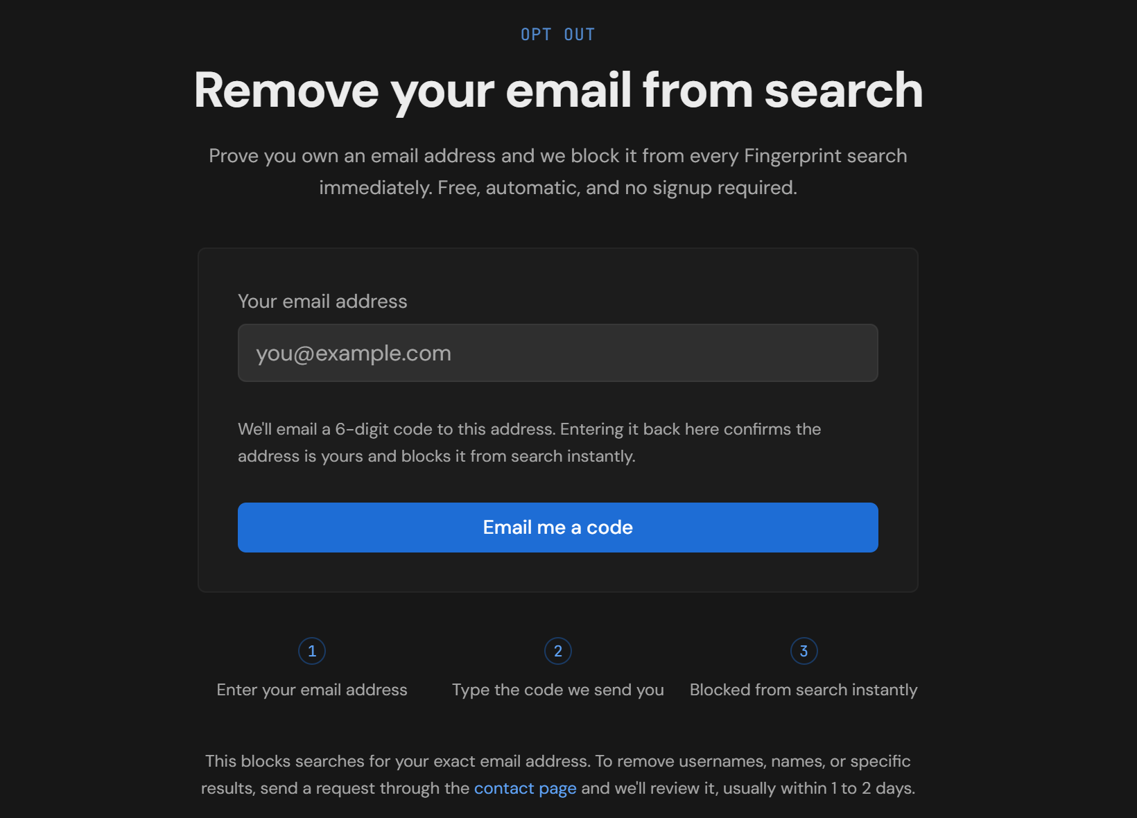 The Fingerprint.to opt-out page: enter your email address, type the six-digit code, and the address is blocked from search instantly