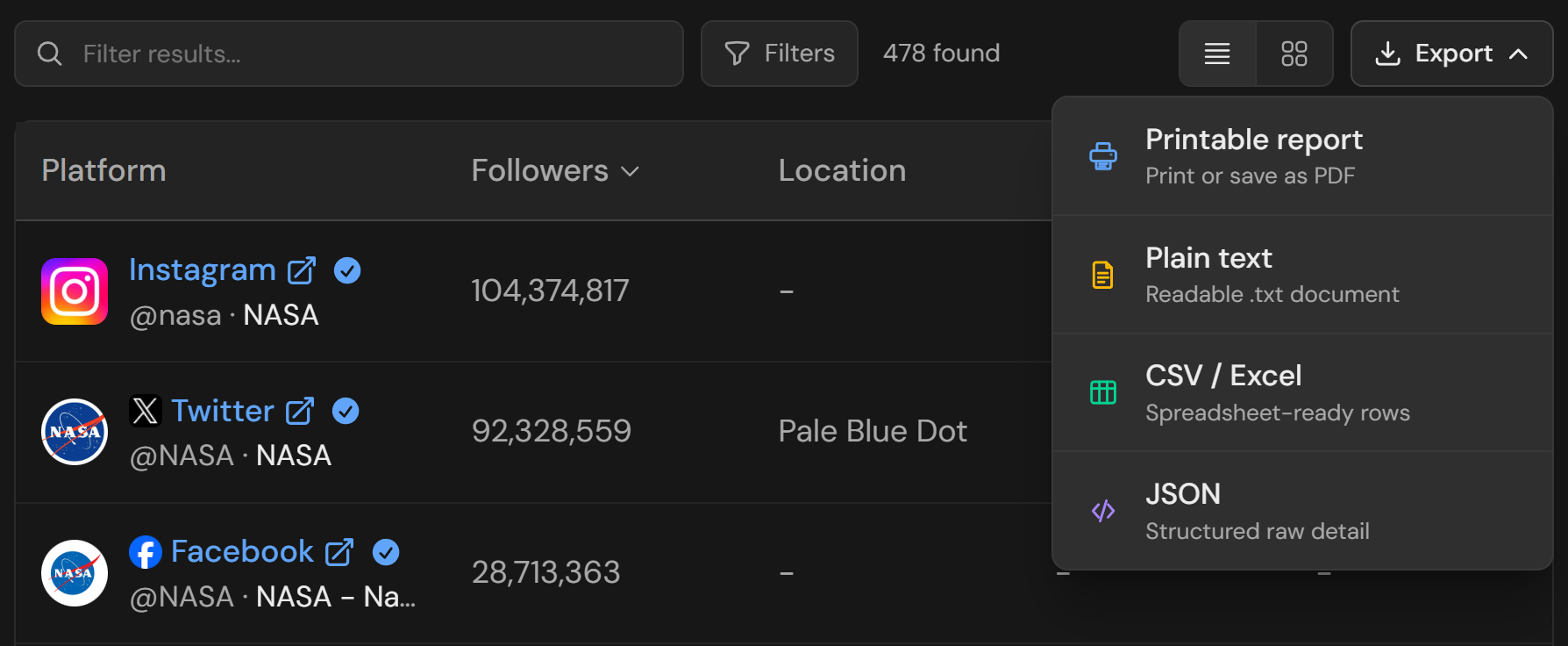 The export menu on a finished search: printable report, plain text, CSV or Excel, and JSON